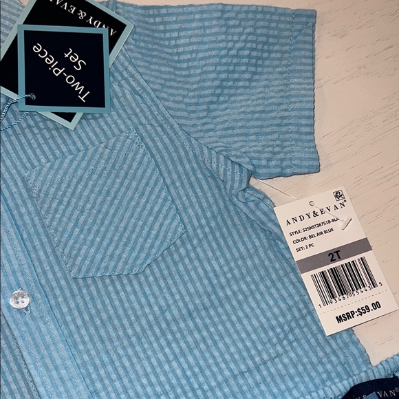 Andy & Evan Seersucker Light Blue Button Down Shirt and Shorts Set 2T 3T 4T - Picture 2 of 3
